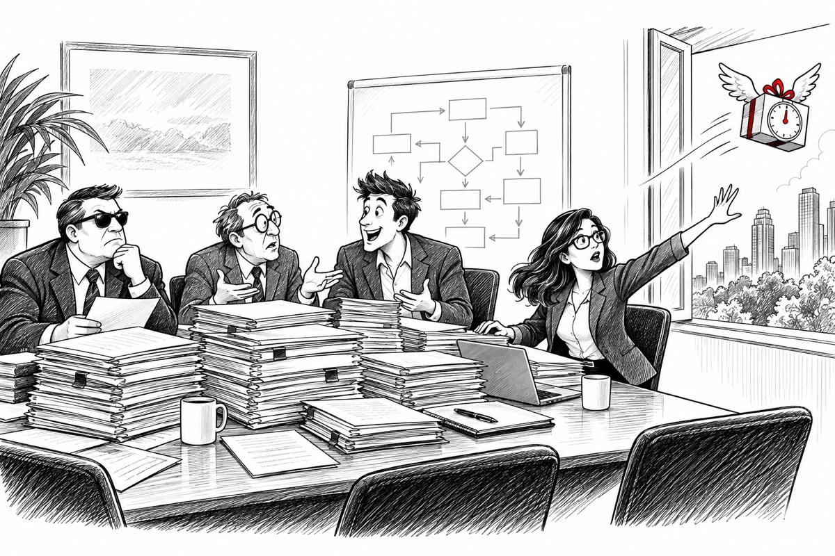 Illustration: the opportunity flies out the window during a meeting