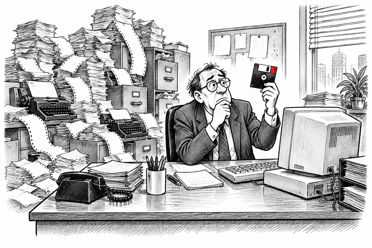 Illustration: a manager wary of a floppy disk